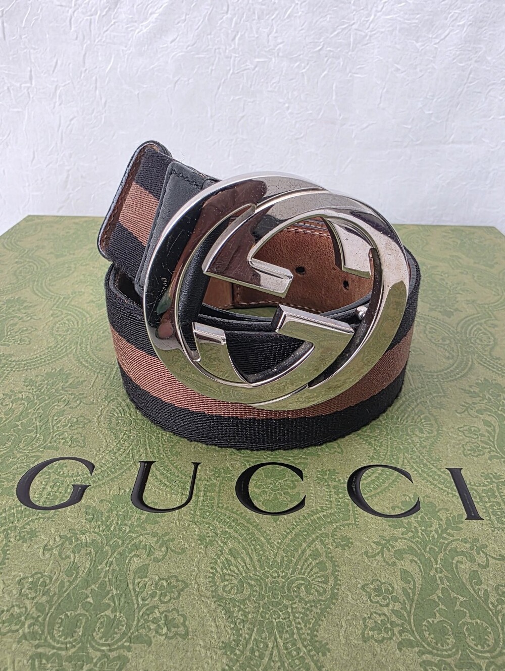 Auth Gucci GG Web Stripe Leather Belt